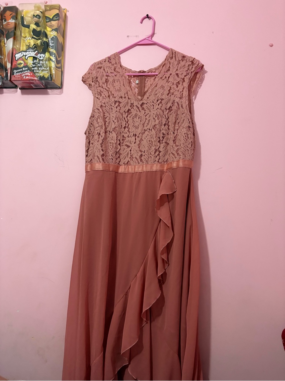 Women 2XL Lace & Ruffle Maxi Dress - Dusty Rose